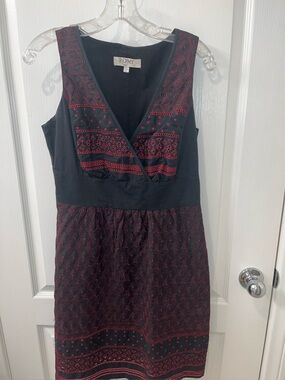 Romy Medium Black Red Embroidered Cotton Boho Sleeveless Fit Flare Dress M